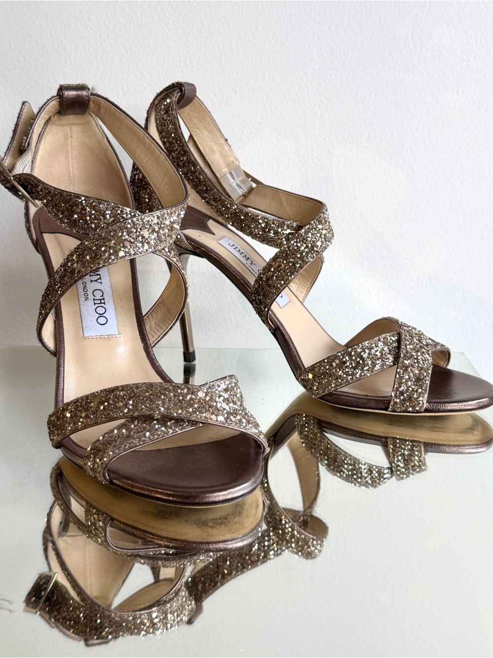Jimmy Choo Glitter Gold-Bronze Stiletto  Sandals Size 39